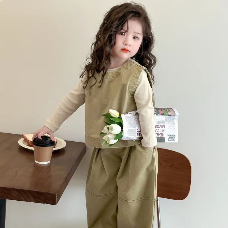 Children Spring Autumn Casual Clothing Set Girls Workwear Vest + Casual Wide-Leg Pants + Base Layer Three-Piece Set