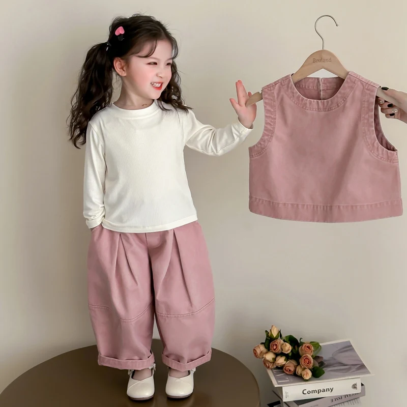 Children Spring Autumn Casual Clothing Set Girls Workwear Vest + Casual Wide-Leg Pants + Base Layer Three-Piece Set