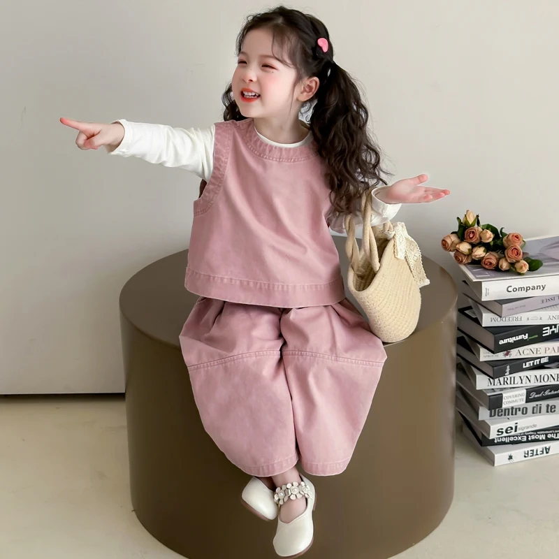 Children Spring Autumn Casual Clothing Set Girls Workwear Vest + Casual Wide-Leg Pants + Base Layer Three-Piece Set