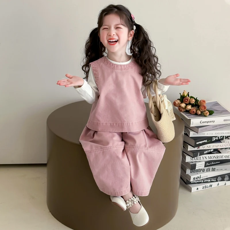 Children Spring Autumn Casual Clothing Set Girls Workwear Vest + Casual Wide-Leg Pants + Base Layer Three-Piece Set