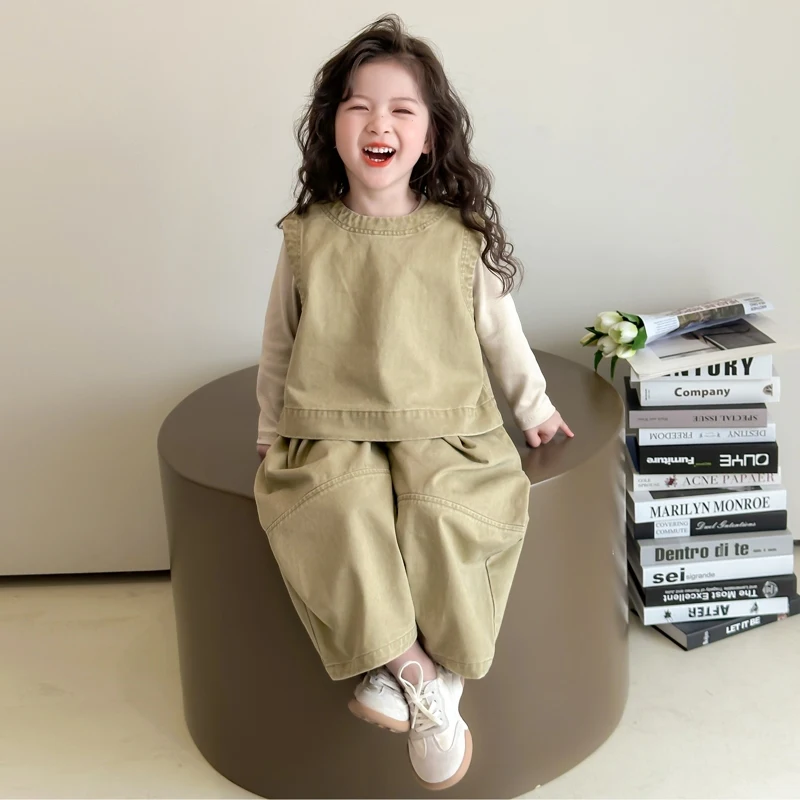 Children Spring Autumn Casual Clothing Set Girls Workwear Vest + Casual Wide-Leg Pants + Base Layer Three-Piece Set