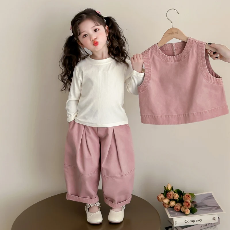 Children Spring Autumn Casual Clothing Set Girls Workwear Vest + Casual Wide-Leg Pants + Base Layer Three-Piece Set