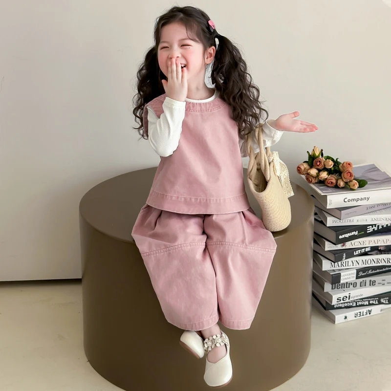 Children Spring Autumn Casual Clothing Set Girls Workwear Vest + Casual Wide-Leg Pants + Base Layer Three-Piece Set