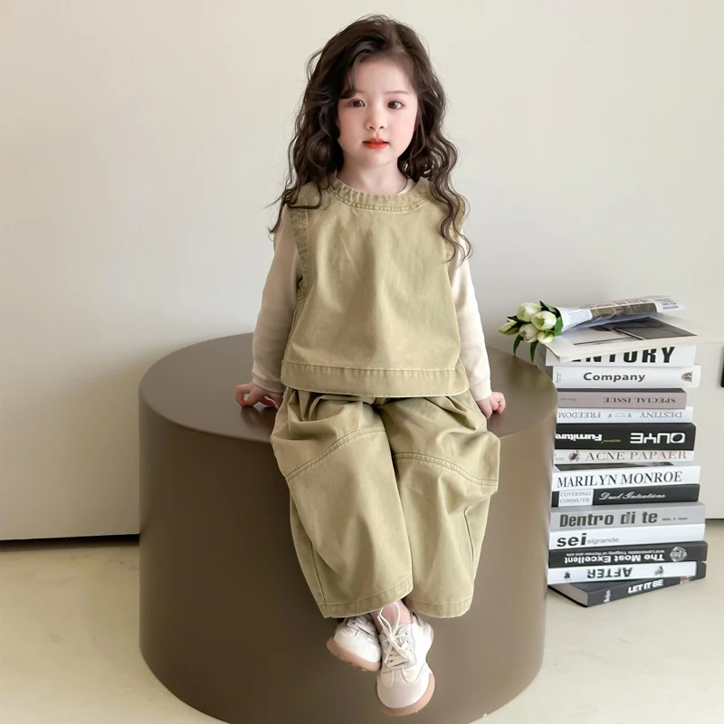 Children Spring Autumn Casual Clothing Set Girls Workwear Vest + Casual Wide-Leg Pants + Base Layer Three-Piece Set