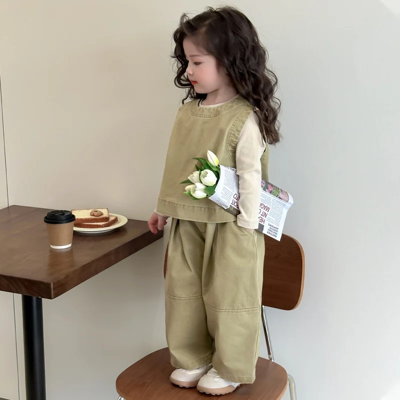 Children Spring Autumn Casual Clothing Set Girls Workwear Vest + Casual Wide-Leg Pants + Base Layer Three-Piece Set