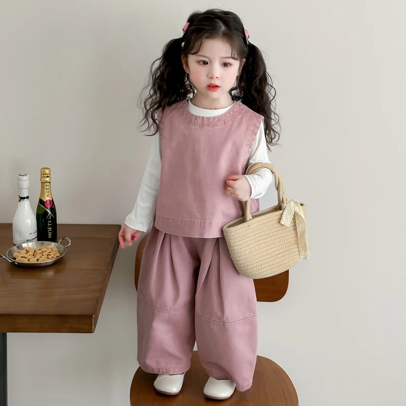 Children Spring Autumn Casual Clothing Set Girls Workwear Vest + Casual Wide-Leg Pants + Base Layer Three-Piece Set