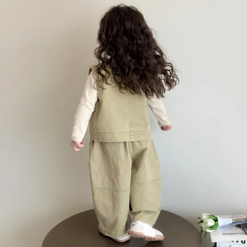Children Spring Autumn Casual Clothing Set Girls Workwear Vest + Casual Wide-Leg Pants + Base Layer Three-Piece Set