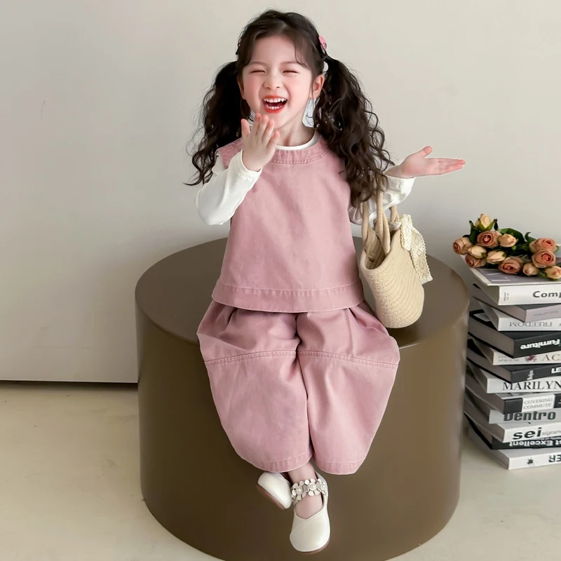 Children Spring Autumn Casual Clothing Set Girls Workwear Vest + Casual Wide-Leg Pants + Base Layer Three-Piece Set