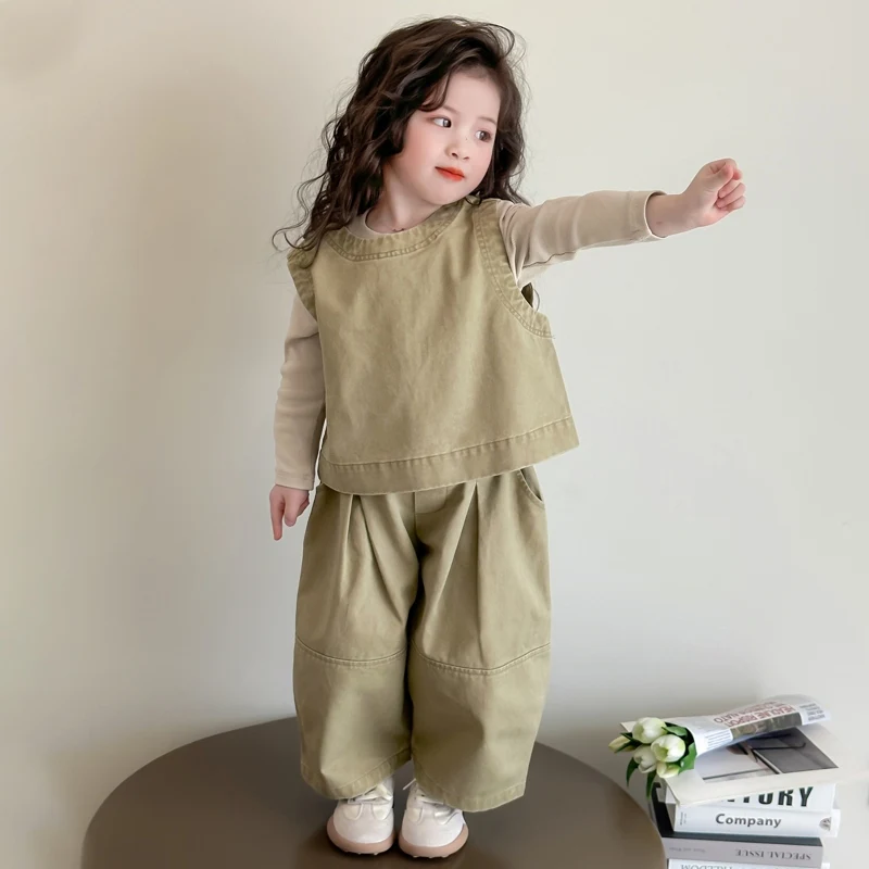 Children Spring Autumn Casual Clothing Set Girls Workwear Vest + Casual Wide-Leg Pants + Base Layer Three-Piece Set