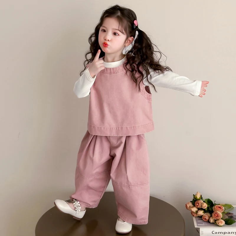 Children Spring Autumn Casual Clothing Set Girls Workwear Vest + Casual Wide-Leg Pants + Base Layer Three-Piece Set