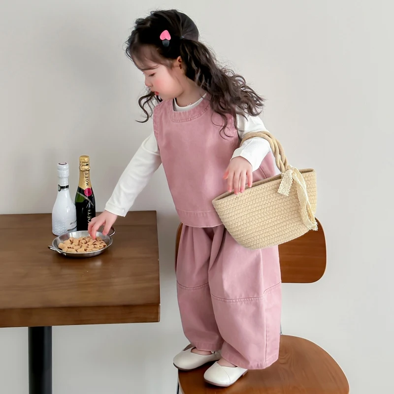 Children Spring Autumn Casual Clothing Set Girls Workwear Vest + Casual Wide-Leg Pants + Base Layer Three-Piece Set
