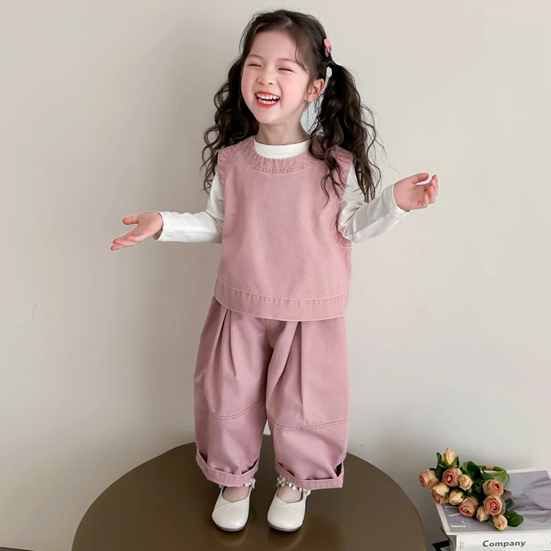 Children Spring Autumn Casual Clothing Set Girls Workwear Vest + Casual Wide-Leg Pants + Base Layer Three-Piece Set