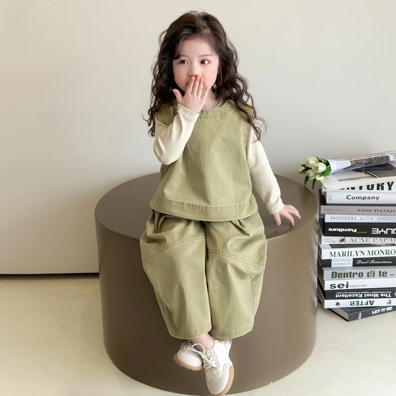 Children Spring Autumn Casual Clothing Set Girls Workwear Vest + Casual Wide-Leg Pants + Base Layer Three-Piece Set