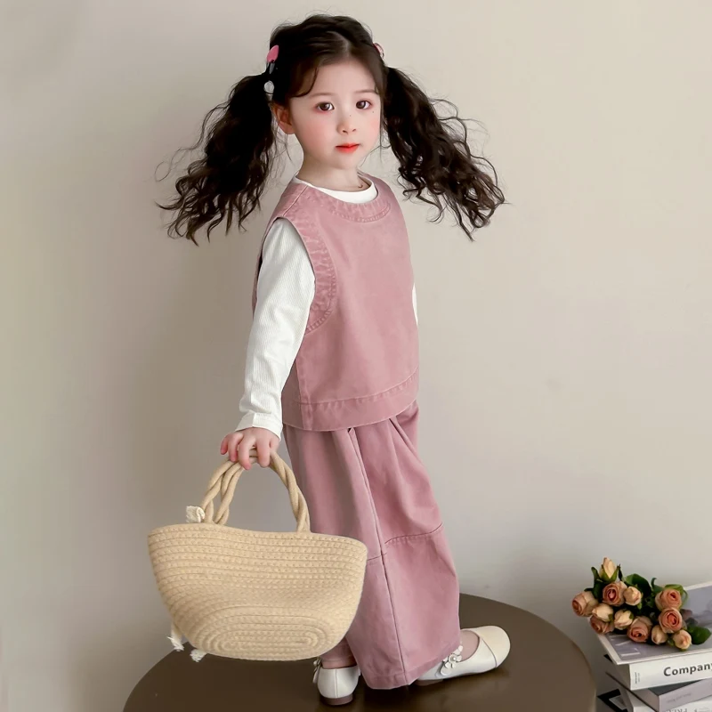 Children Spring Autumn Casual Clothing Set Girls Workwear Vest + Casual Wide-Leg Pants + Base Layer Three-Piece Set