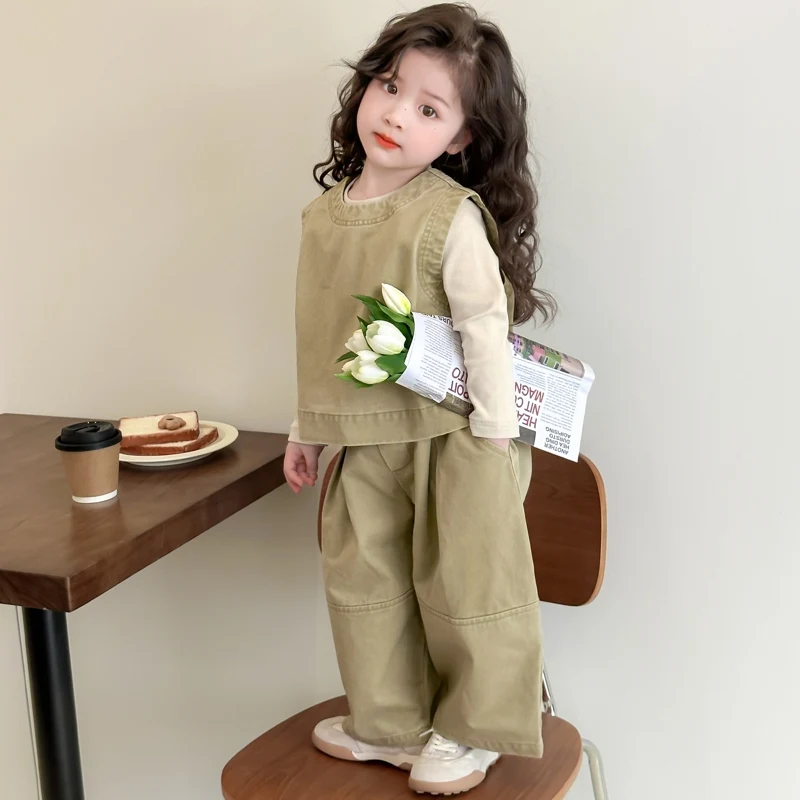 Children Spring Autumn Casual Clothing Set Girls Workwear Vest + Casual Wide-Leg Pants + Base Layer Three-Piece Set
