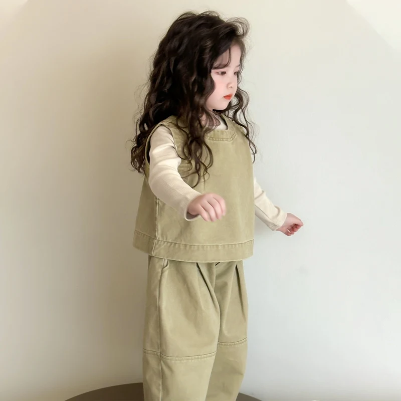 Children Spring Autumn Casual Clothing Set Girls Workwear Vest + Casual Wide-Leg Pants + Base Layer Three-Piece Set