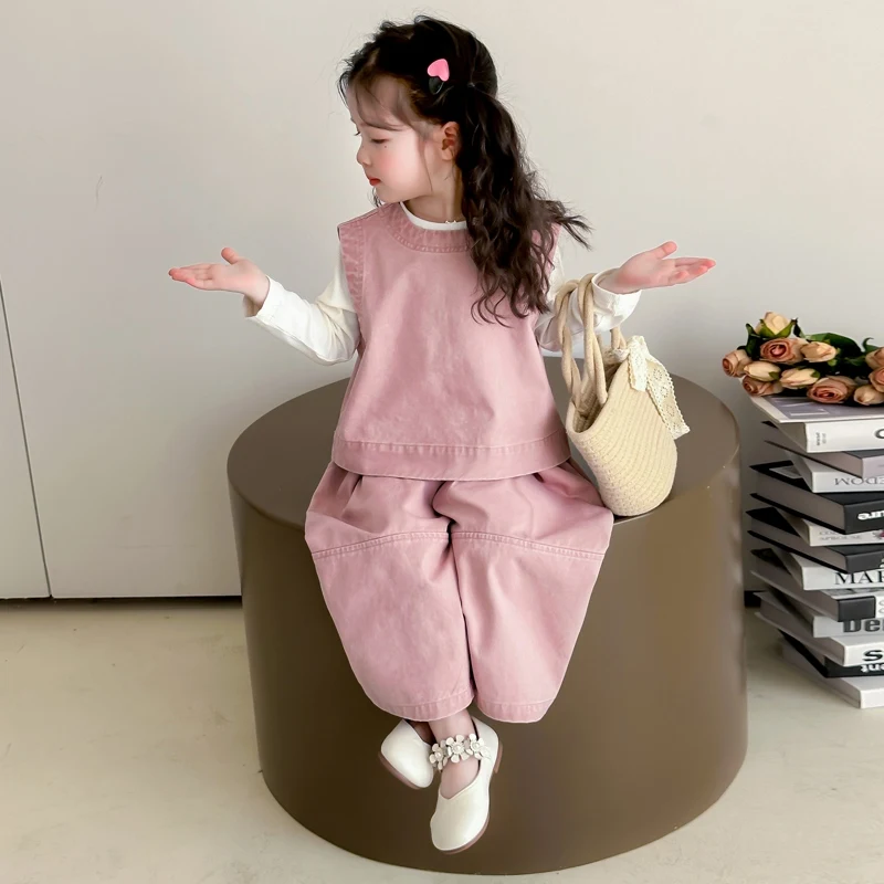Children Spring Autumn Casual Clothing Set Girls Workwear Vest + Casual Wide-Leg Pants + Base Layer Three-Piece Set