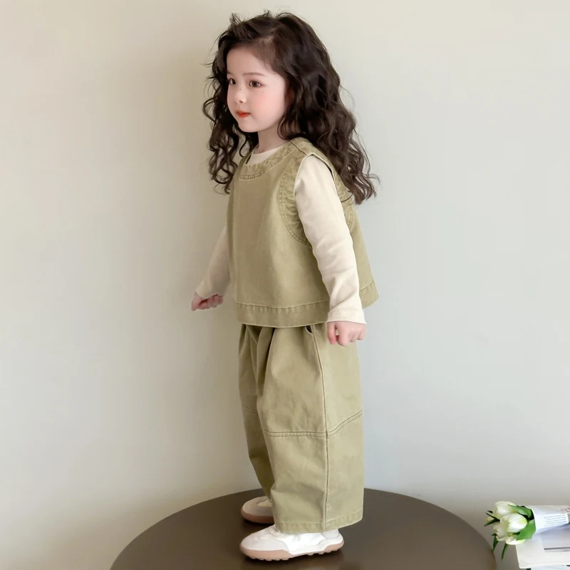 Children Spring Autumn Casual Clothing Set Girls Workwear Vest + Casual Wide-Leg Pants + Base Layer Three-Piece Set