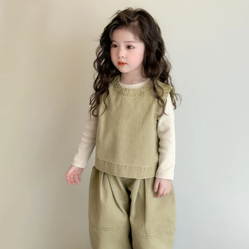 Children Spring Autumn Casual Clothing Set Girls Workwear Vest + Casual Wide-Leg Pants + Base Layer Three-Piece Set