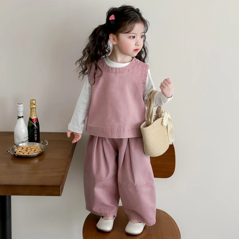 Children Spring Autumn Casual Clothing Set Girls Workwear Vest + Casual Wide-Leg Pants + Base Layer Three-Piece Set