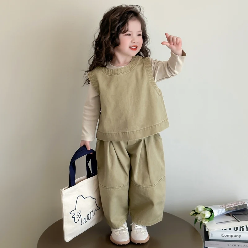 Children Spring Autumn Casual Clothing Set Girls Workwear Vest + Casual Wide-Leg Pants + Base Layer Three-Piece Set