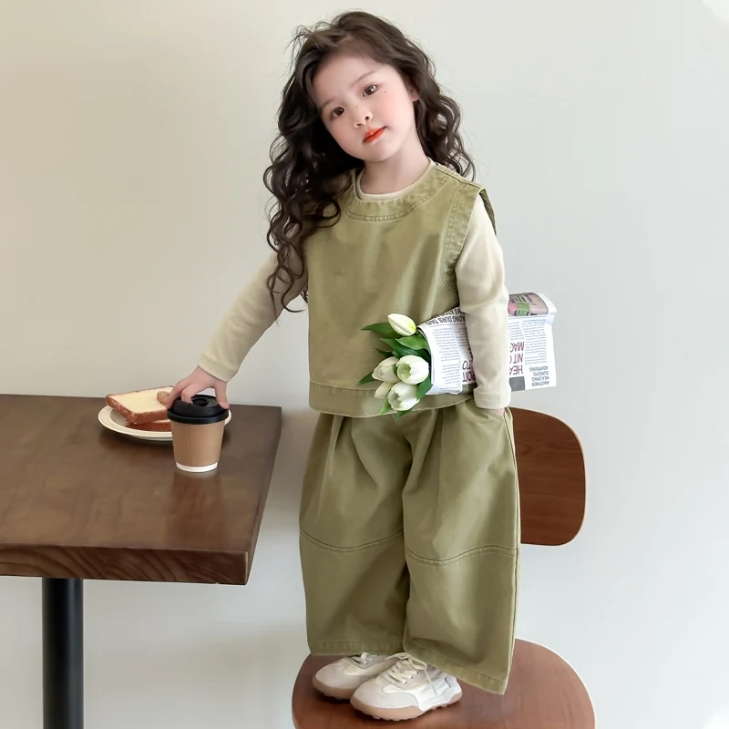Children Spring Autumn Casual Clothing Set Girls Workwear Vest + Casual Wide-Leg Pants + Base Layer Three-Piece Set