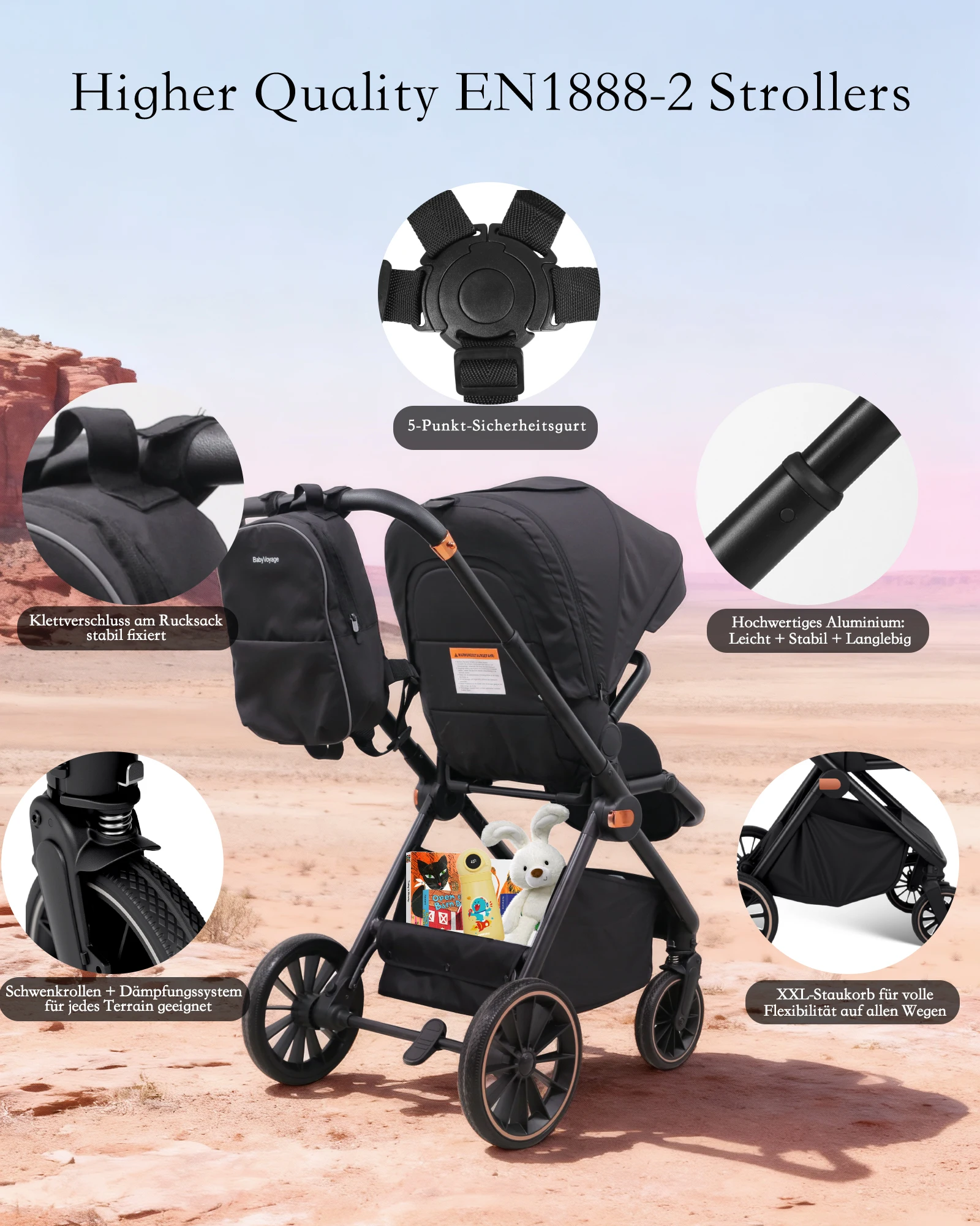 BabyVoyage 4-in-1 Baby Stroller Travel System with Car Seat, ISOFIX Base, High-View Newborn Pram, Bassinet, and 360° Reversible Foldable Design