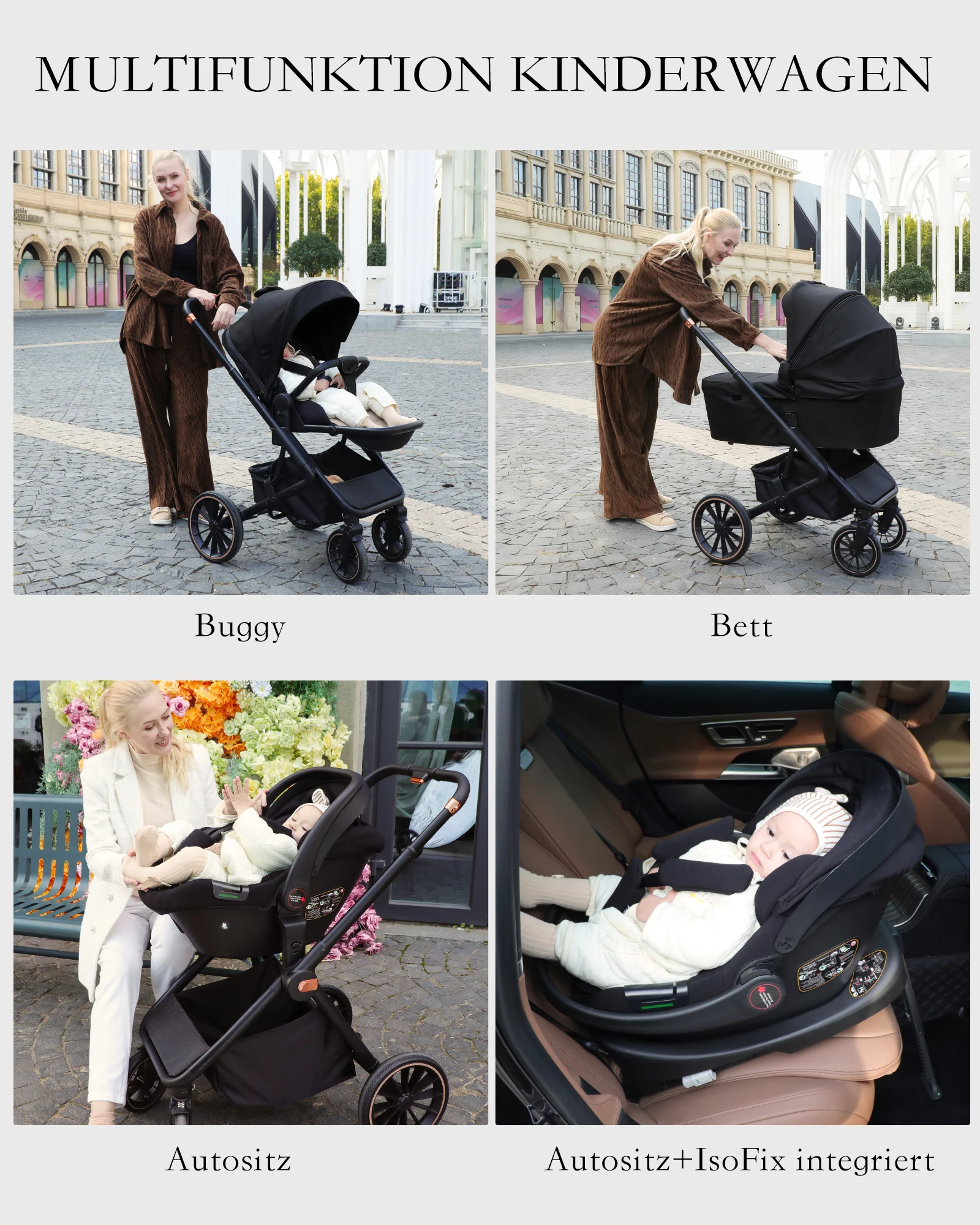 BabyVoyage 4-in-1 Baby Stroller Travel System with Car Seat, ISOFIX Base, High-View Newborn Pram, Bassinet, and 360° Reversible Foldable Design