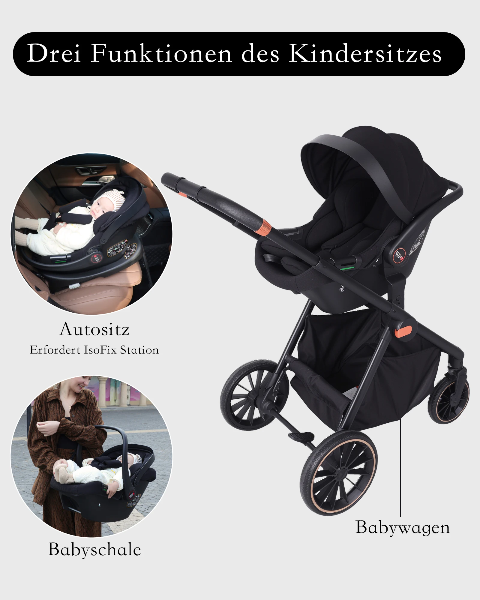 BabyVoyage 4-in-1 Baby Stroller Travel System with Car Seat, ISOFIX Base, High-View Newborn Pram, Bassinet, and 360° Reversible Foldable Design