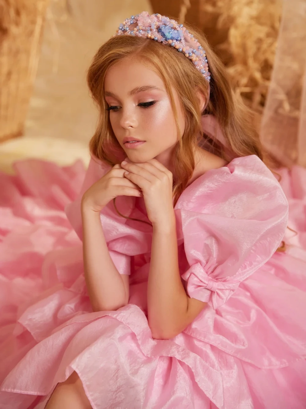 Hot Sale Pink Bow Tiered Hi-lo Long Girls Dresses Dancing Wear Stunning Puff Sleeve Kids Princess Gown School Daily Life Outfit