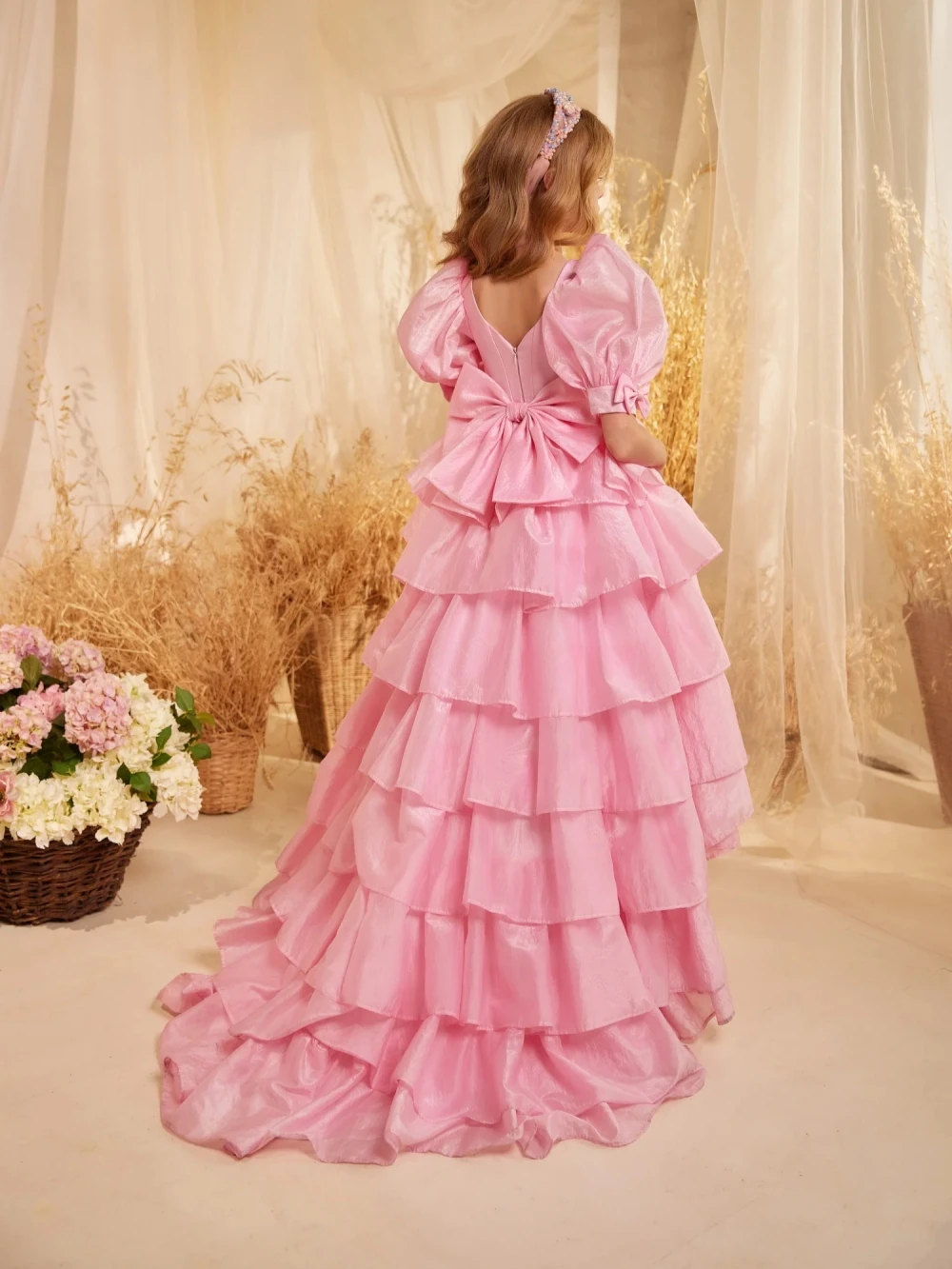 Hot Sale Pink Bow Tiered Hi-lo Long Girls Dresses Dancing Wear Stunning Puff Sleeve Kids Princess Gown School Daily Life Outfit