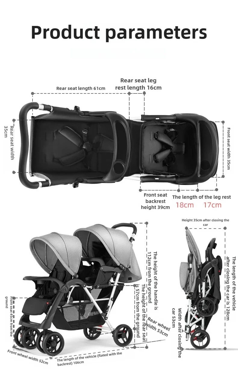 2025 New Lightweight Twin Baby Stroller Baby Stroller Can Sit, Lie, Fold, Front and Rear Seats Twin Baby Stroller