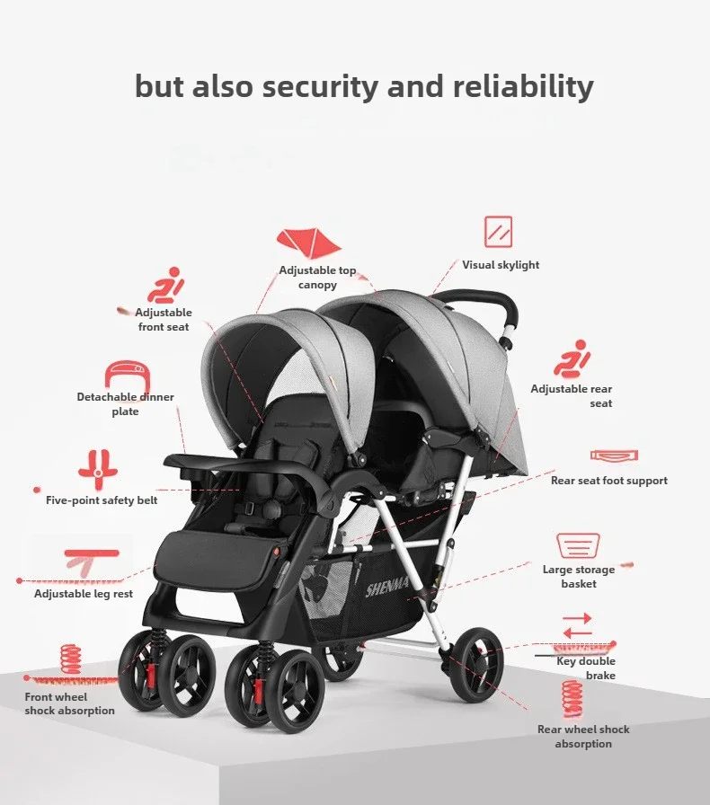 2025 New Lightweight Twin Baby Stroller Baby Stroller Can Sit, Lie, Fold, Front and Rear Seats Twin Baby Stroller