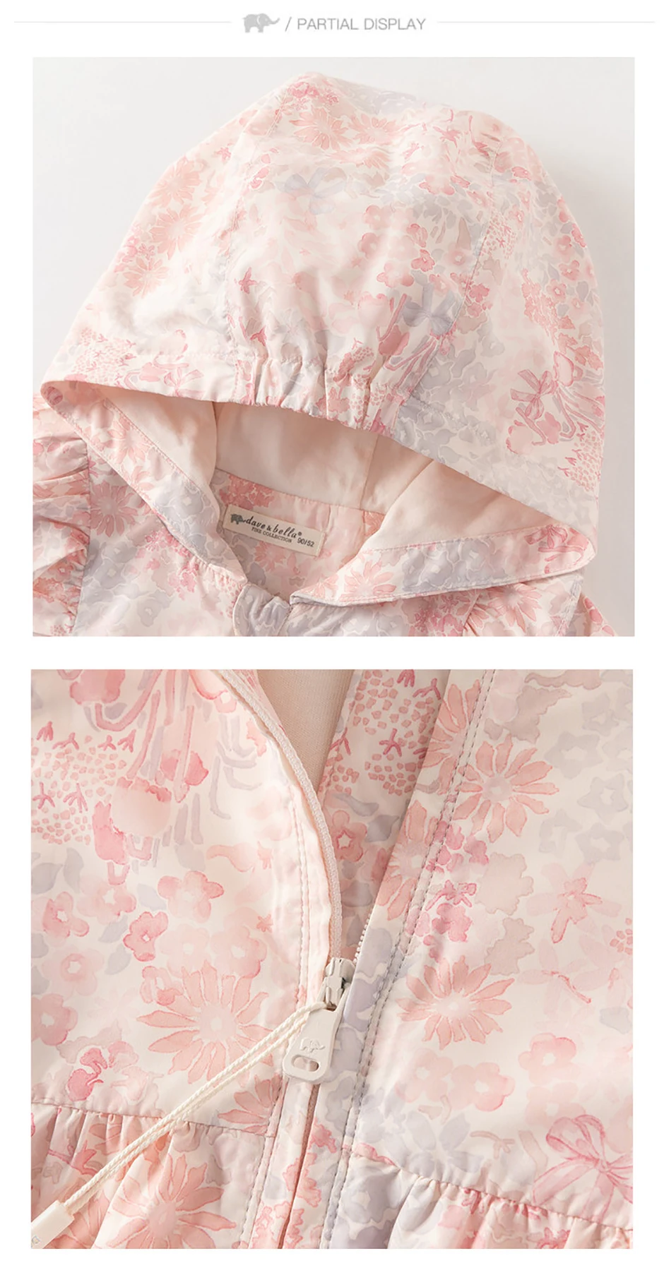 Dave Bella Waterproof Coats for Girls Autumn Spring Baby Flower Print Hooded Jacket Children Clothes Sweet Outerwear DB1260229