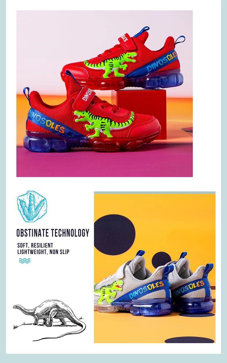 EXDINO T-REX LED 2-9Y Boys Spring Autumn Mesh Tennis Shoes Glowing Children's Kids Flashing Jelly Sole Light Up Casual Sneakers