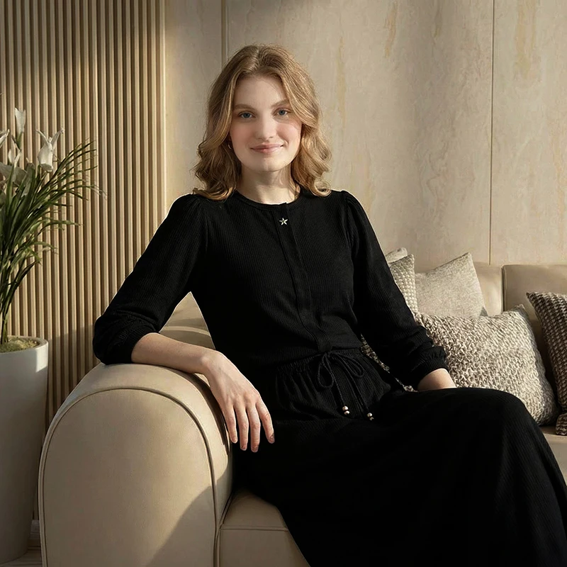 Summer Womens Shabbos Robe Long Sleeve Top and Maxi Skirt Black Ribbed Soft Material Star Button Decoration Adjustable Drawing
