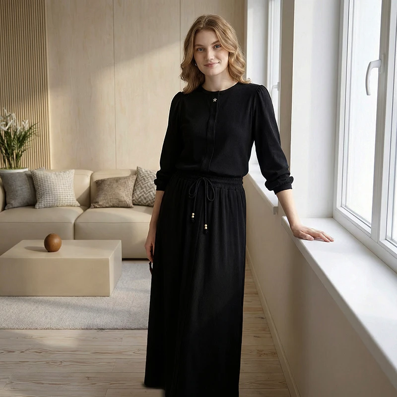 Summer Womens Shabbos Robe Long Sleeve Top and Maxi Skirt Black Ribbed Soft Material Star Button Decoration Adjustable Drawing