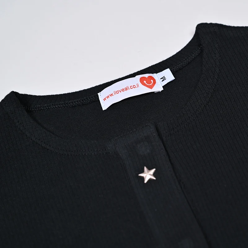 Summer Womens Shabbos Robe Long Sleeve Top and Maxi Skirt Black Ribbed Soft Material Star Button Decoration Adjustable Drawing