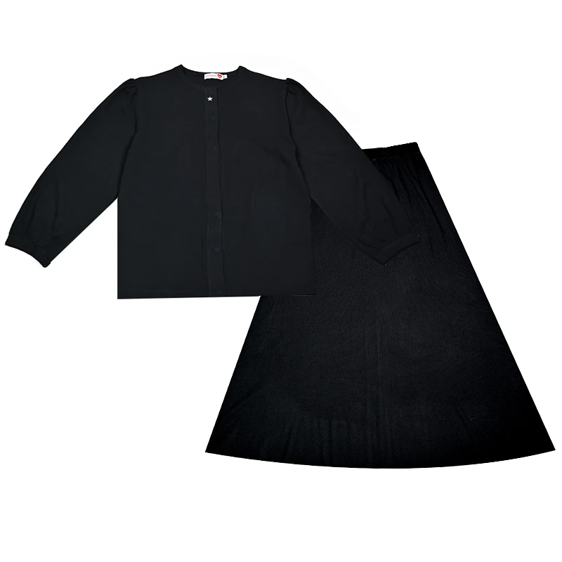 Summer Womens Shabbos Robe Long Sleeve Top and Maxi Skirt Black Ribbed Soft Material Star Button Decoration Adjustable Drawing