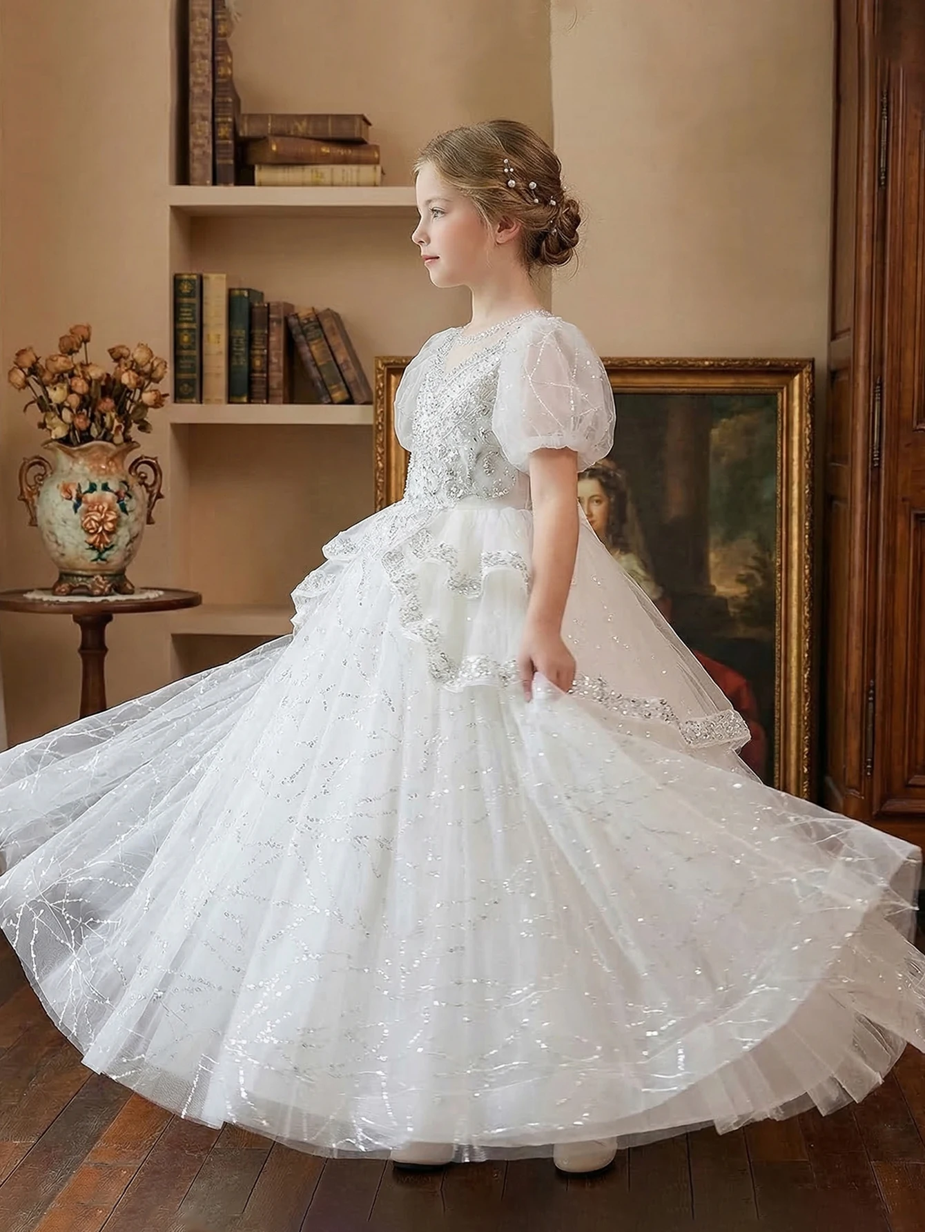 Tween Girl White Pearl Decorated High-Quality Beaded Embroidery Party Dress, Net Silk Blouse with Embroidery, Banquet, Wedding