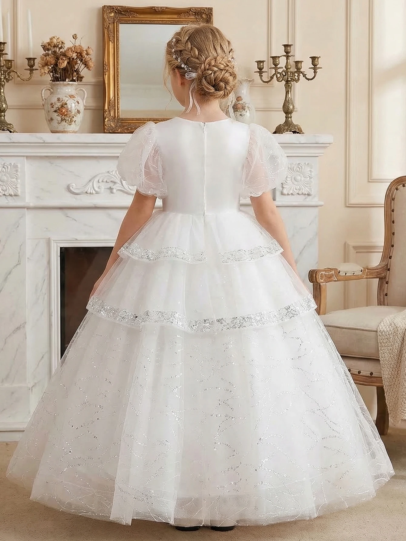 Tween Girl White Pearl Decorated High-Quality Beaded Embroidery Party Dress, Net Silk Blouse with Embroidery, Banquet, Wedding