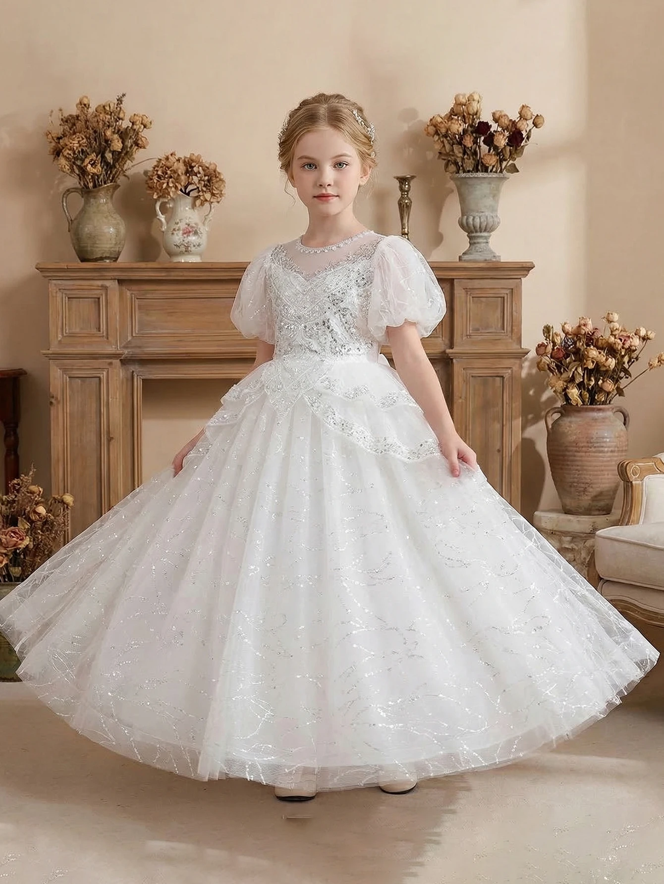 Tween Girl White Pearl Decorated High-Quality Beaded Embroidery Party Dress, Net Silk Blouse with Embroidery, Banquet, Wedding