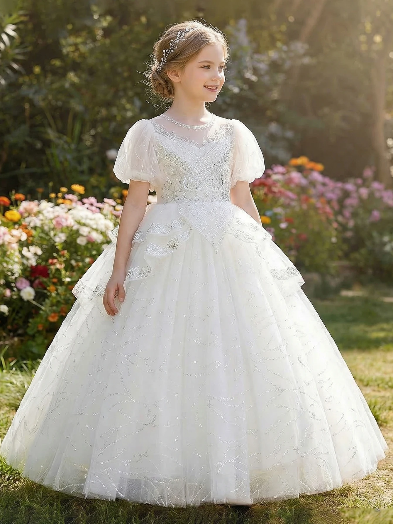 Tween Girl White Pearl Decorated High-Quality Beaded Embroidery Party Dress, Net Silk Blouse with Embroidery, Banquet, Wedding