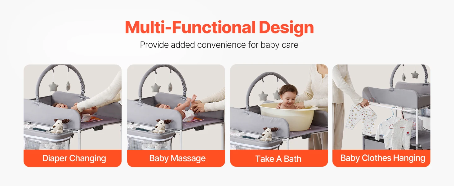 SucceBuy Baby Changing Table Foldable Diaper Change Station with 2 Fabric Drawers Side Basket & Hanging Rod Adjustable Height