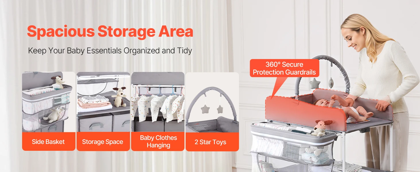 SucceBuy Baby Changing Table Foldable Diaper Change Station with 2 Fabric Drawers Side Basket & Hanging Rod Adjustable Height