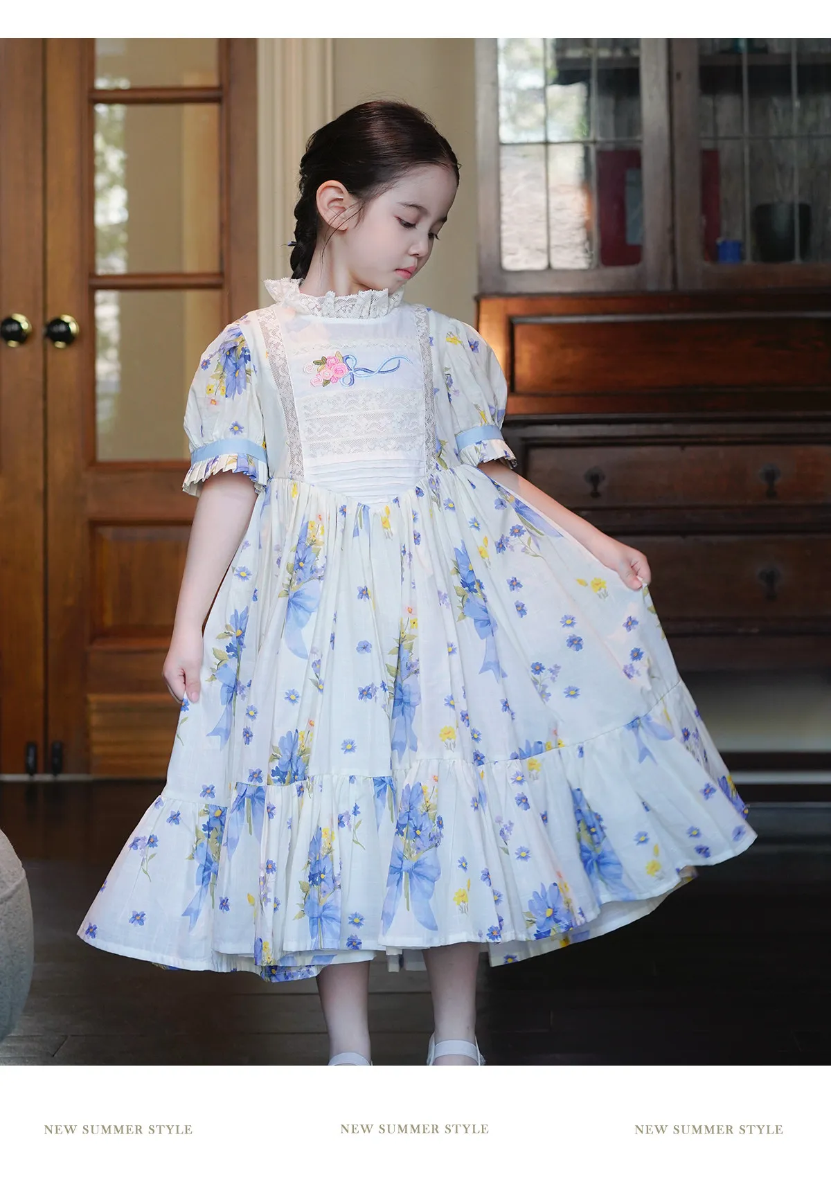 Sweet Girls 2026 New Summer Fashion High End Floral Embroidered Princess Dress Kids Lace Cotton Linen Soft Puff Sleeve Dresses