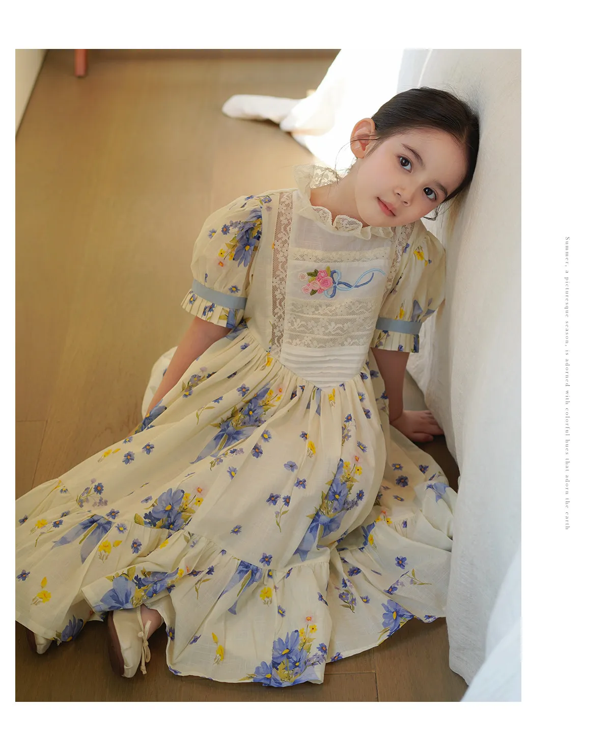 Sweet Girls 2026 New Summer Fashion High End Floral Embroidered Princess Dress Kids Lace Cotton Linen Soft Puff Sleeve Dresses