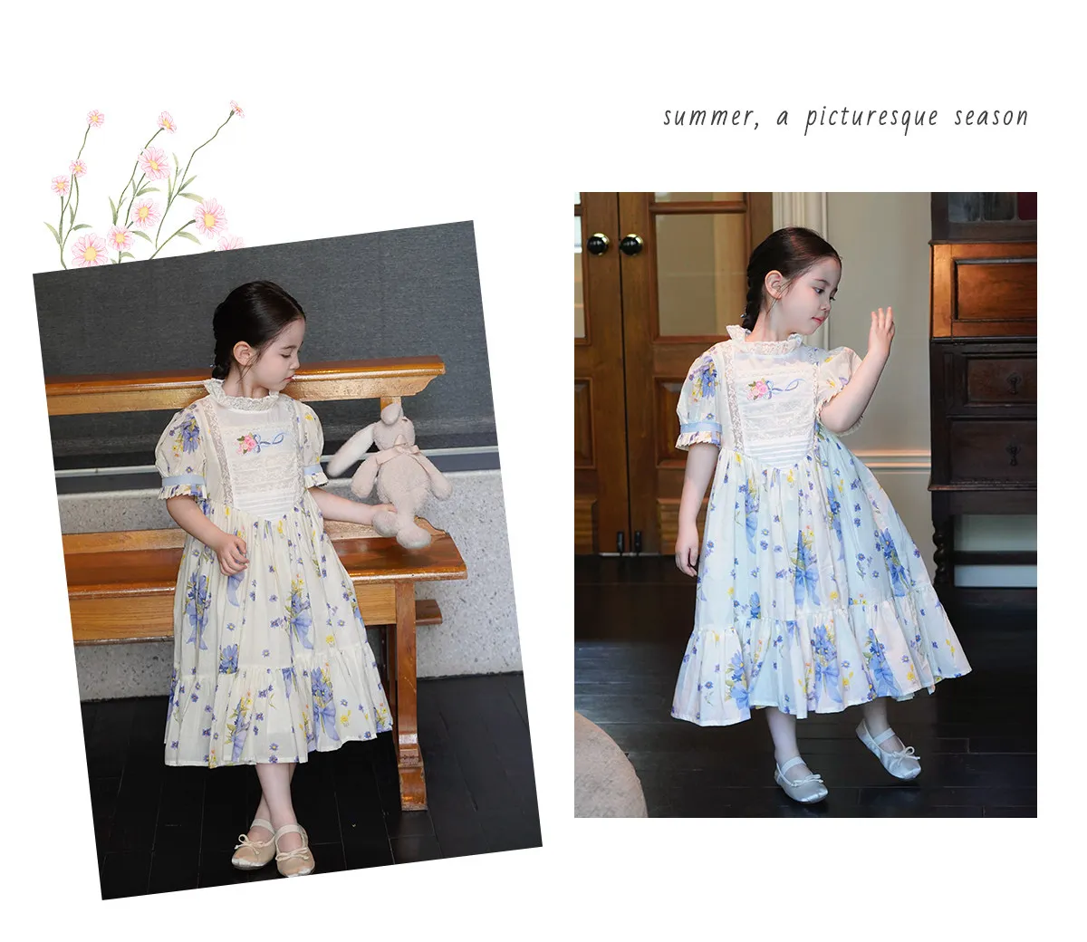 Sweet Girls 2026 New Summer Fashion High End Floral Embroidered Princess Dress Kids Lace Cotton Linen Soft Puff Sleeve Dresses