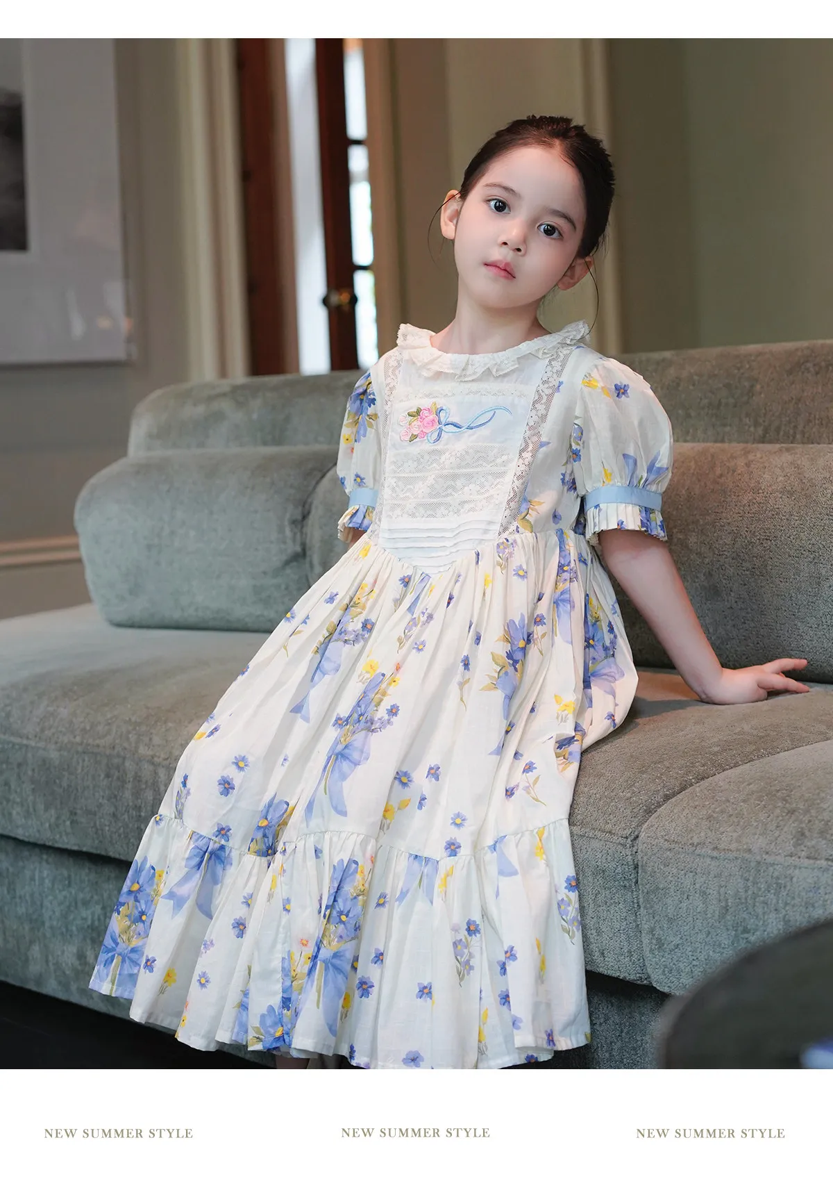Sweet Girls 2026 New Summer Fashion High End Floral Embroidered Princess Dress Kids Lace Cotton Linen Soft Puff Sleeve Dresses