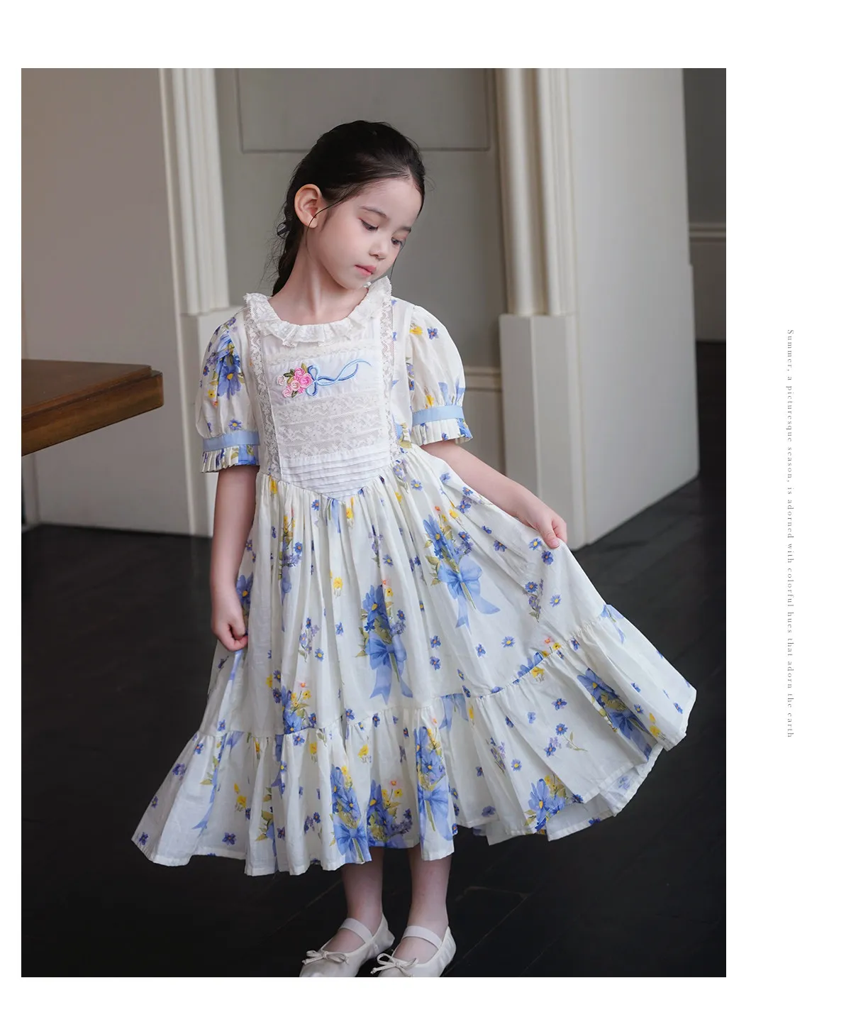 Sweet Girls 2026 New Summer Fashion High End Floral Embroidered Princess Dress Kids Lace Cotton Linen Soft Puff Sleeve Dresses